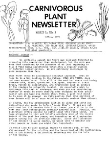 Pirmojo žurnalo "Carnivorous Plants Newsletter" numerio pirmasis puslapis. Šaltinis: International Carnivorous Plant Society